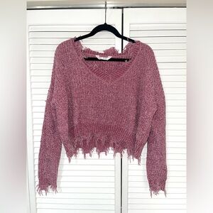 Belle Du Jour V-Neck Distressed Sweater in Pink
